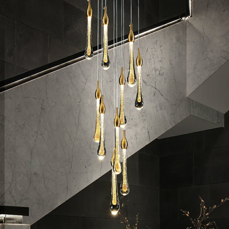 Foyer Glass Drops Pendant Chandelier Spiral Staircase High Ceiling Light Fixture In Gold Finish - fovolighting