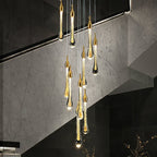 Foyer Glass Drops Pendant Chandelier Spiral Staircase High Ceiling Light Fixture In Gold Finish - fovolighting