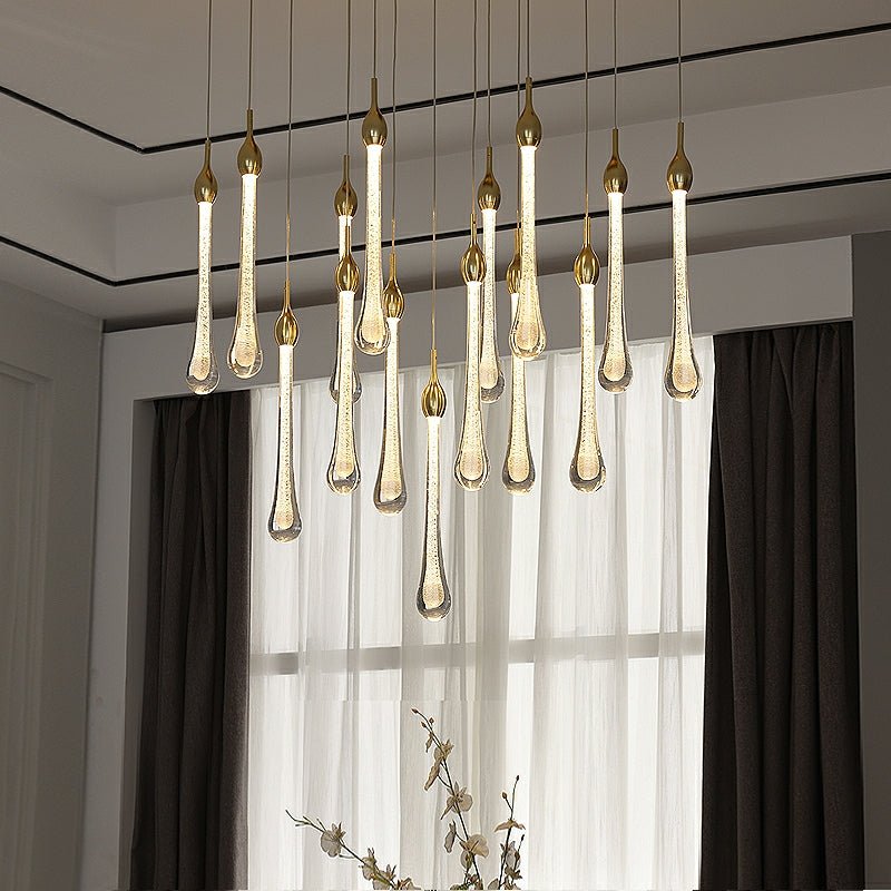 Foyer Glass Drops Pendant Chandelier Spiral Staircase High Ceiling Light Fixture In Gold Finish - fovolighting