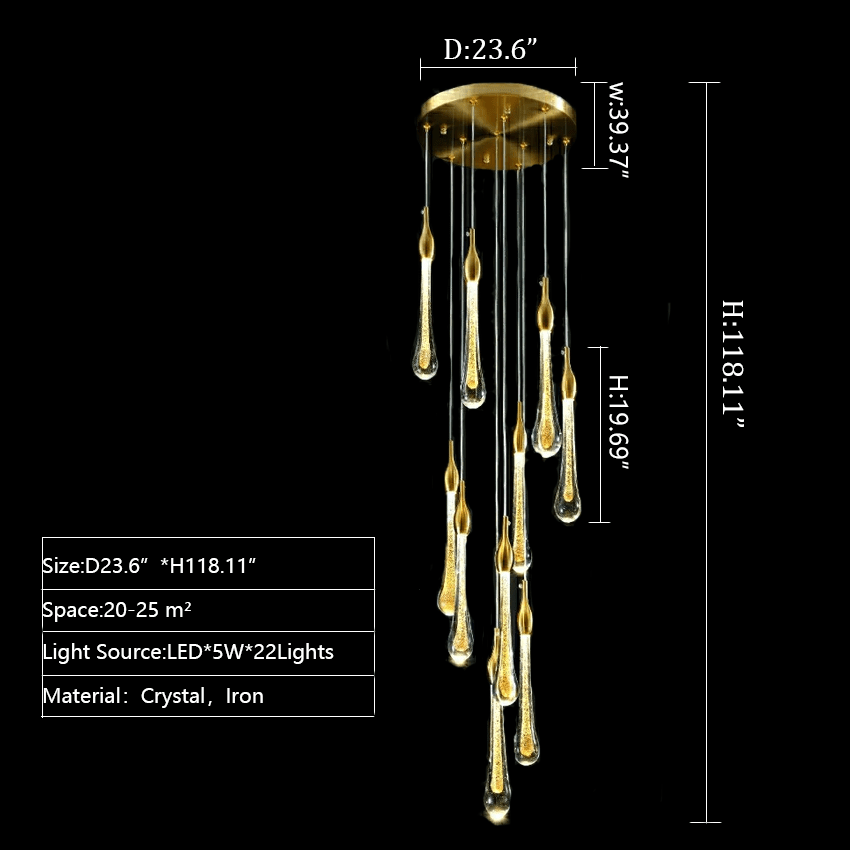 Foyer Glass Drops Pendant Chandelier Spiral Staircase High Ceiling Light Fixture In Gold Finish - fovolighting