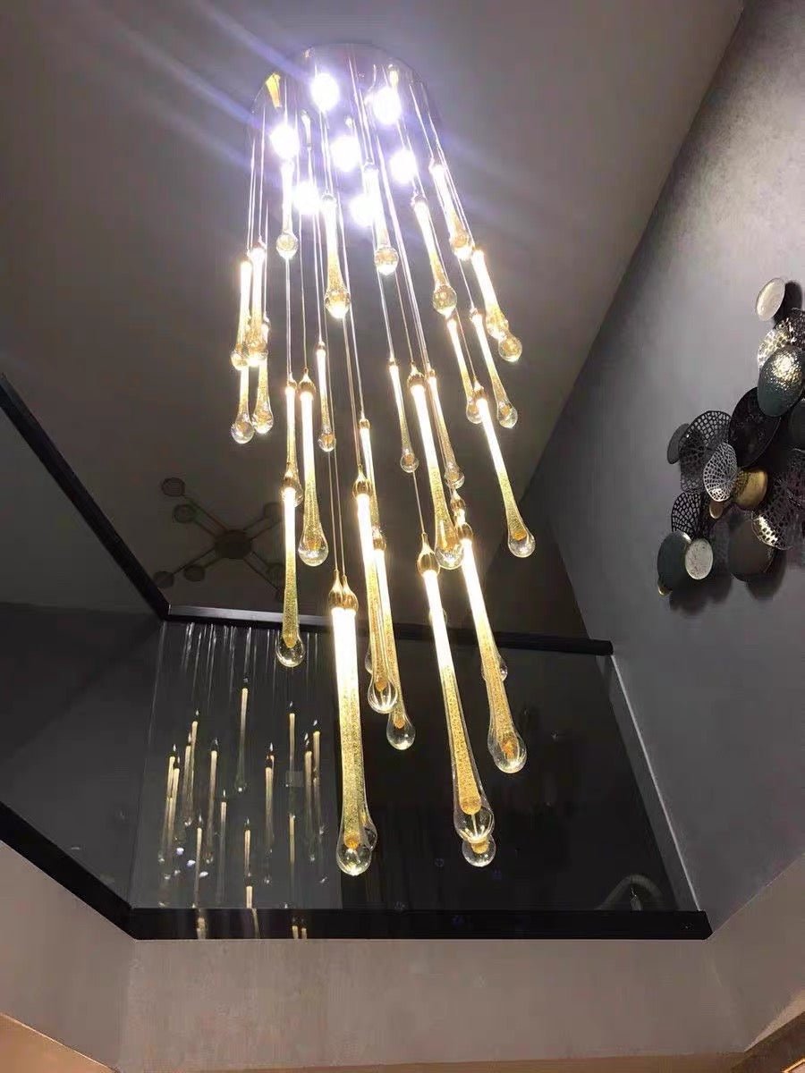 Foyer Glass Drops Pendant Chandelier Spiral Staircase High Ceiling Light Fixture In Gold Finish - fovolighting
