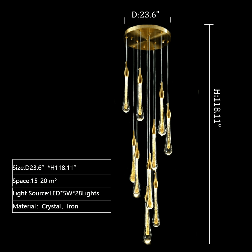 Foyer Glass Drops Pendant Chandelier Spiral Staircase High Ceiling Light Fixture In Gold Finish - fovolighting