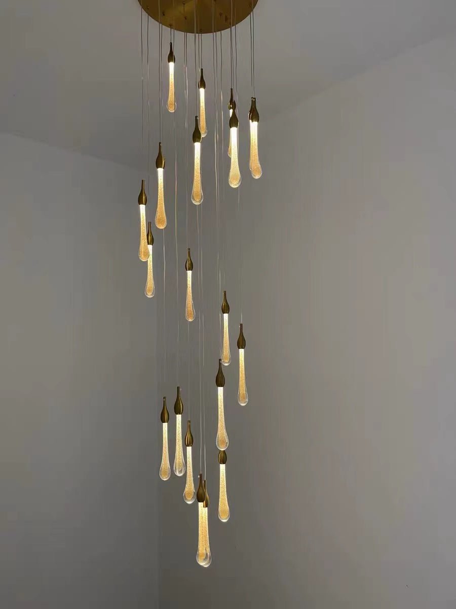 Foyer Glass Drops Pendant Chandelier Spiral Staircase High Ceiling Light Fixture In Gold Finish - fovolighting