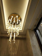 Foyer Glass Drops Pendant Chandelier Spiral Staircase High Ceiling Light Fixture In Gold Finish - fovolighting