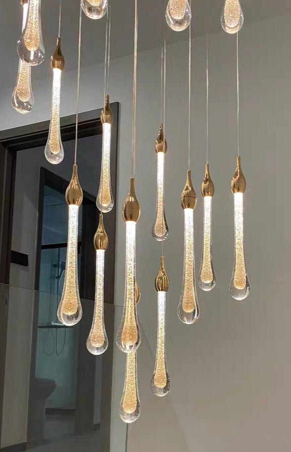 Foyer Glass Drops Pendant Chandelier Spiral Staircase High Ceiling Light Fixture In Gold Finish - fovolighting