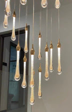 Foyer Glass Drops Pendant Chandelier Spiral Staircase High Ceiling Light Fixture In Gold Finish - fovolighting