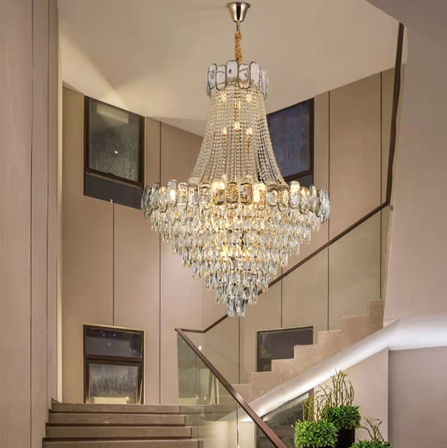 Foyer Staircase Chandelier Luxury K9 Crystal Ceiling Light For Living Room / Hallway - fovolighting