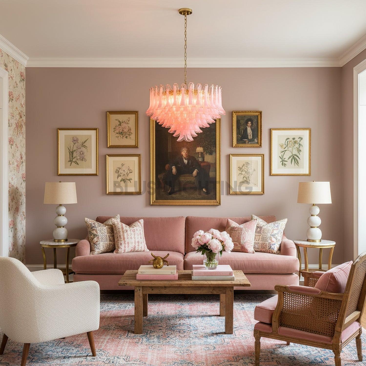 Gold & Pink Barcelona Murano Chandelier with 16 E14 Bulbs - fovolighting