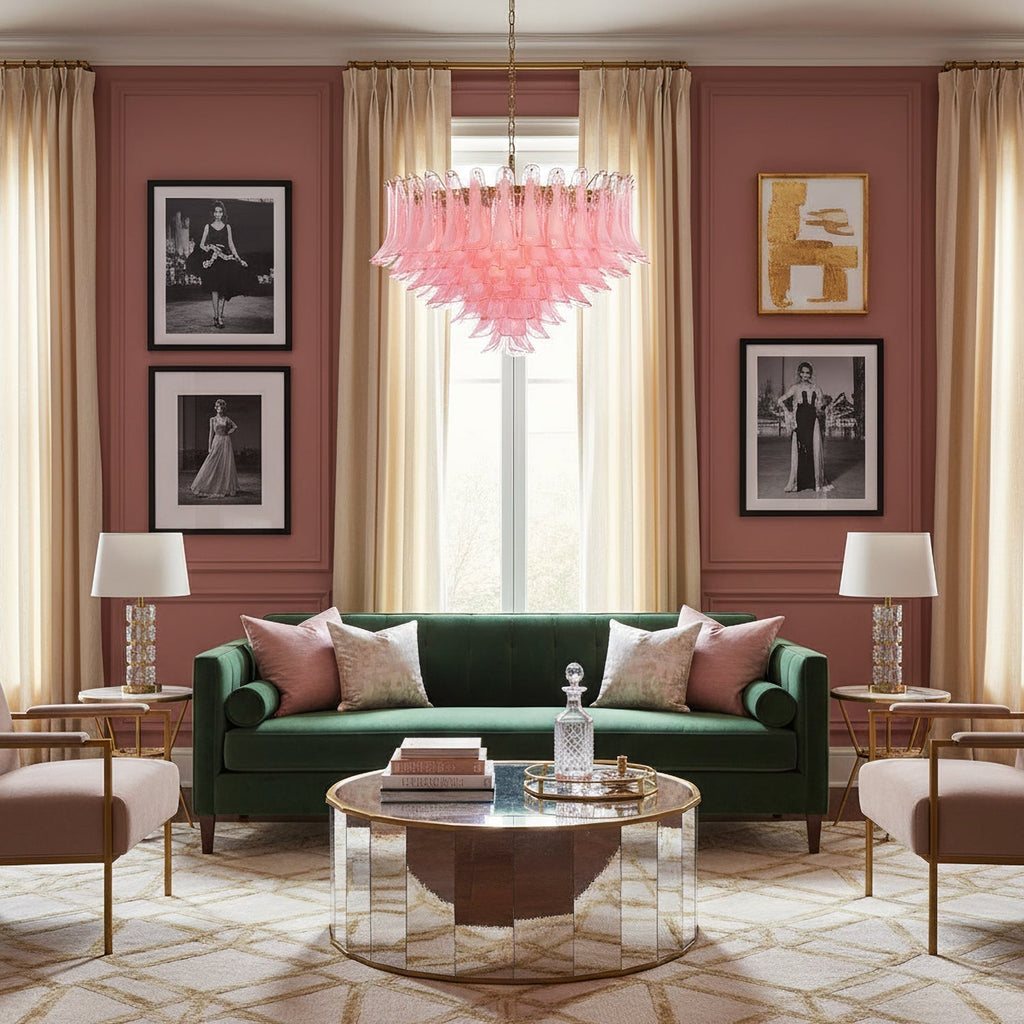 Gold & Pink Barcelona Murano Chandelier with 16 E14 Bulbs - fovolighting