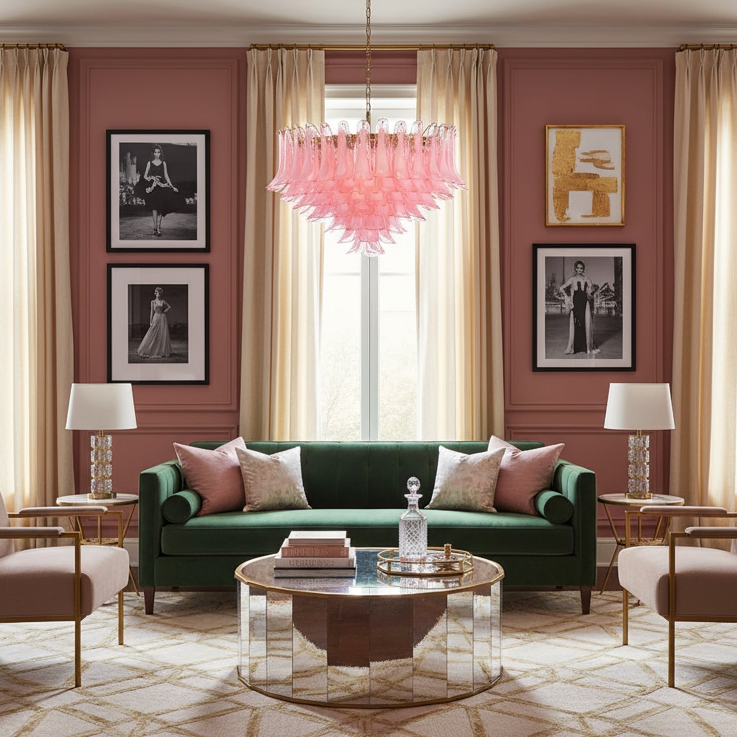 Gold & Pink Barcelona Murano Chandelier with 16 E14 Bulbs - fovolighting