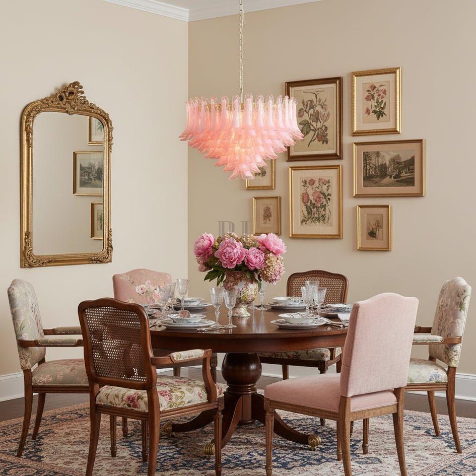 Gold & Pink Barcelona Murano Chandelier with 16 E14 Bulbs - fovolighting