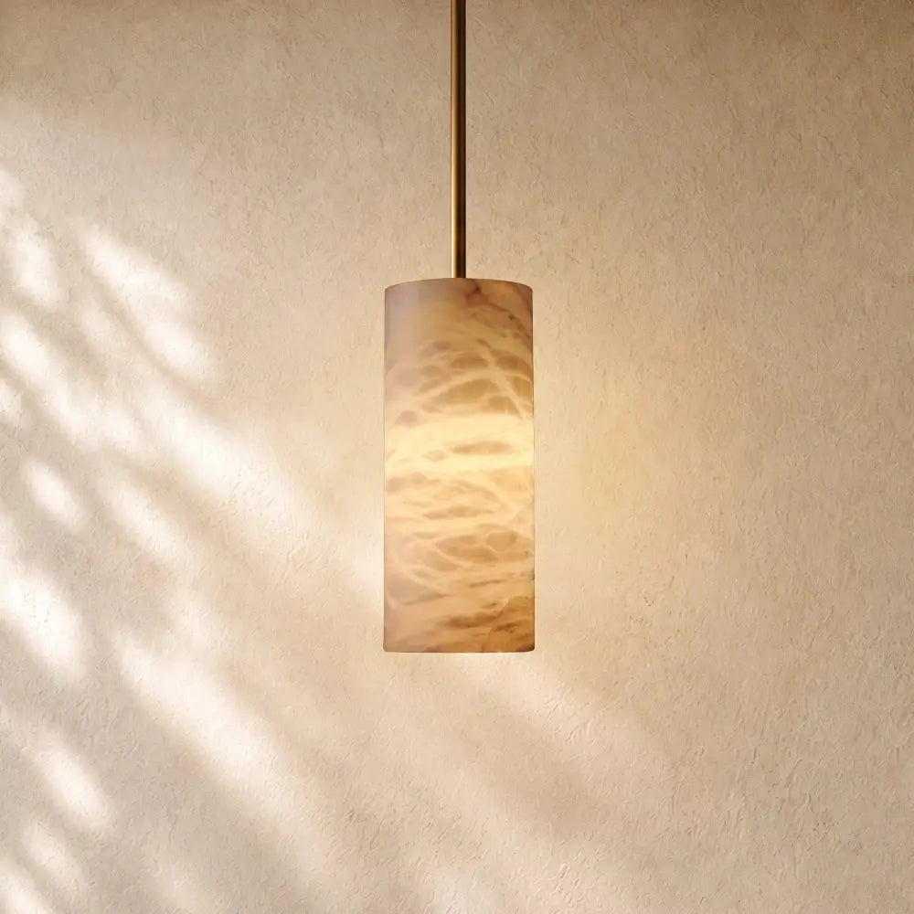 Hand-Carved Alabaster Cylinder Pendant - Lacquered Burnished Brass / 9’’