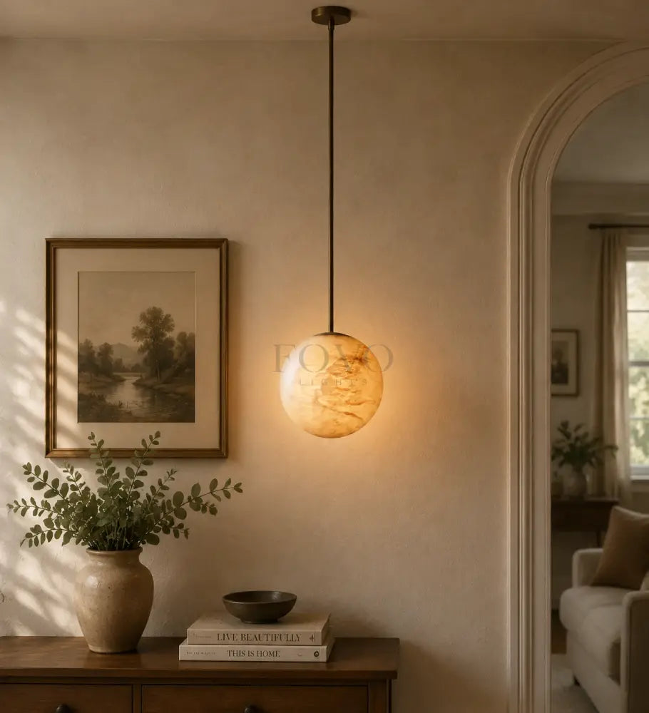 Hand-Carved Alabaster Globe Pendant