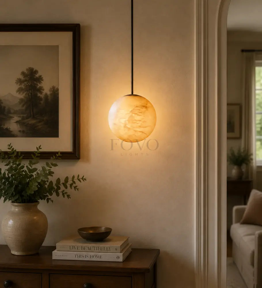Hand-Carved Alabaster Globe Pendant