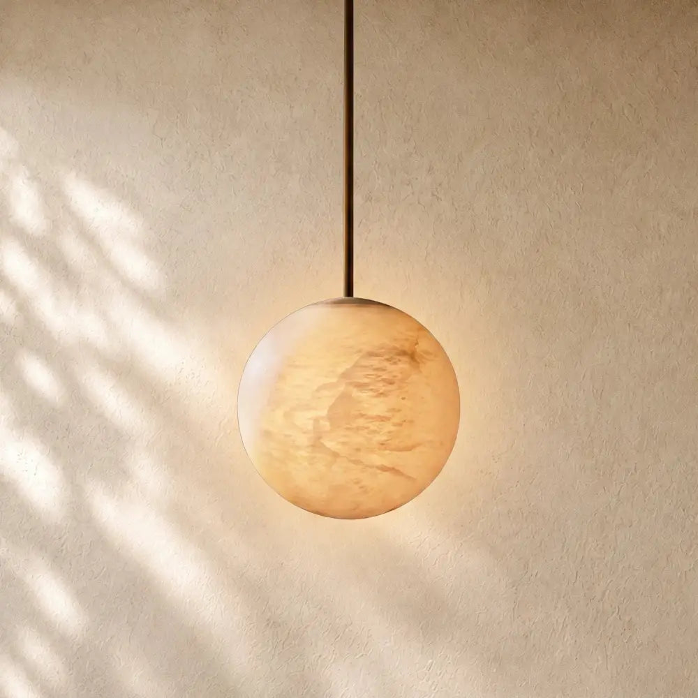 Hand-Carved Alabaster Globe Pendant - Lacquered Burnished Brass / 12’’