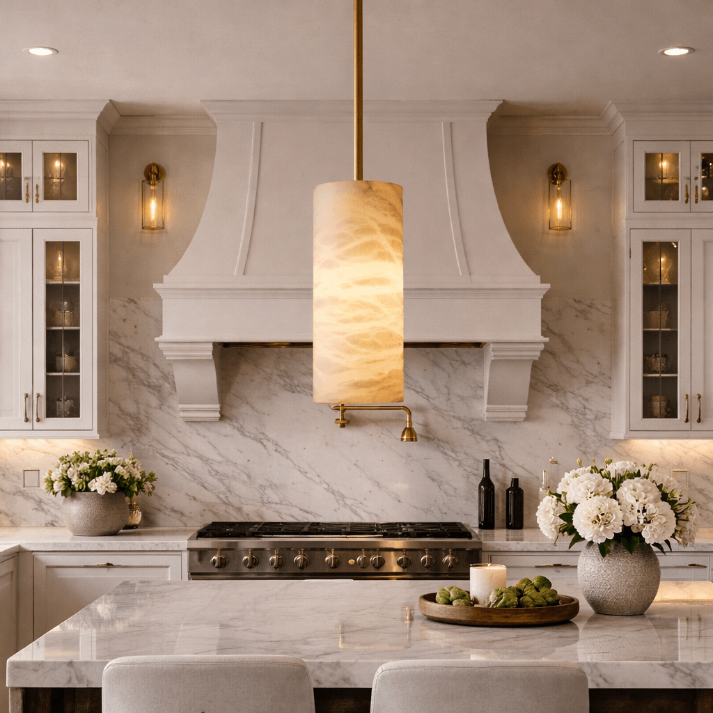Hand - Carver Alabaster Cylinder Pendant - fovolighting