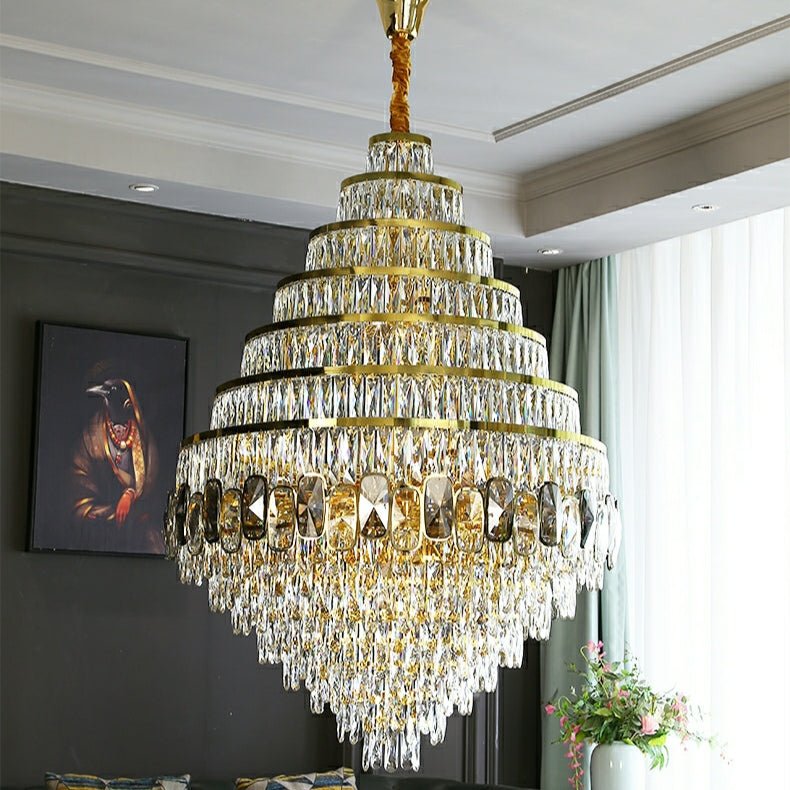 Honeycomb Shaped Ceiling Chandelier Extra Large Crystal Light Fixture For Foyer Staircase/ Entryway In Gold Finish - fovolighting