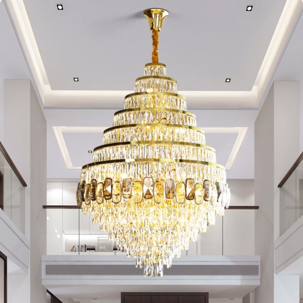 Honeycomb Shaped Ceiling Chandelier Extra Large Crystal Light Fixture For Foyer Staircase/ Entryway In Gold Finish - fovolighting