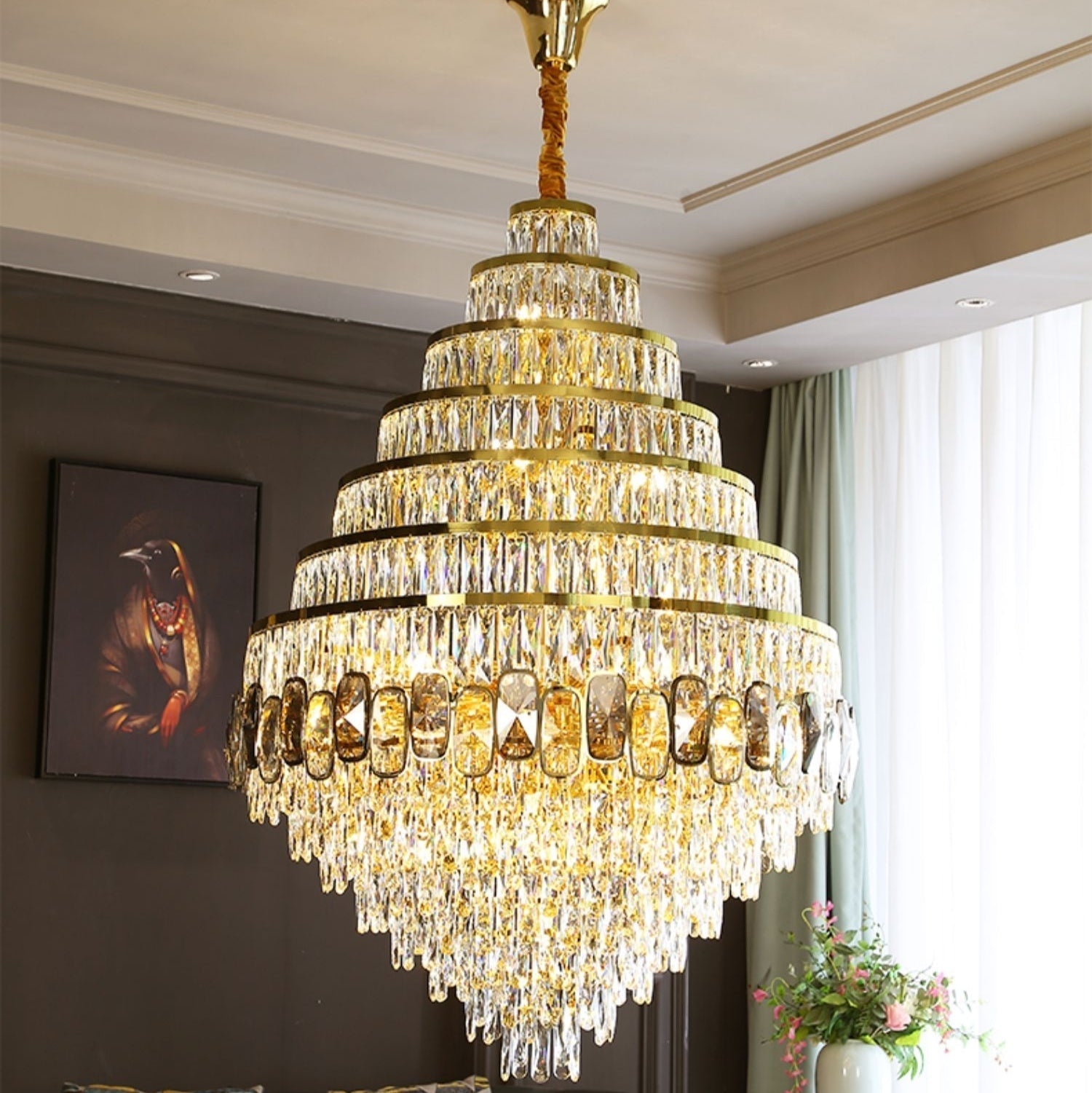 Honeycomb Shaped Ceiling Chandelier Extra Large Crystal Light Fixture For Foyer Staircase/ Entryway In Gold Finish - fovolighting