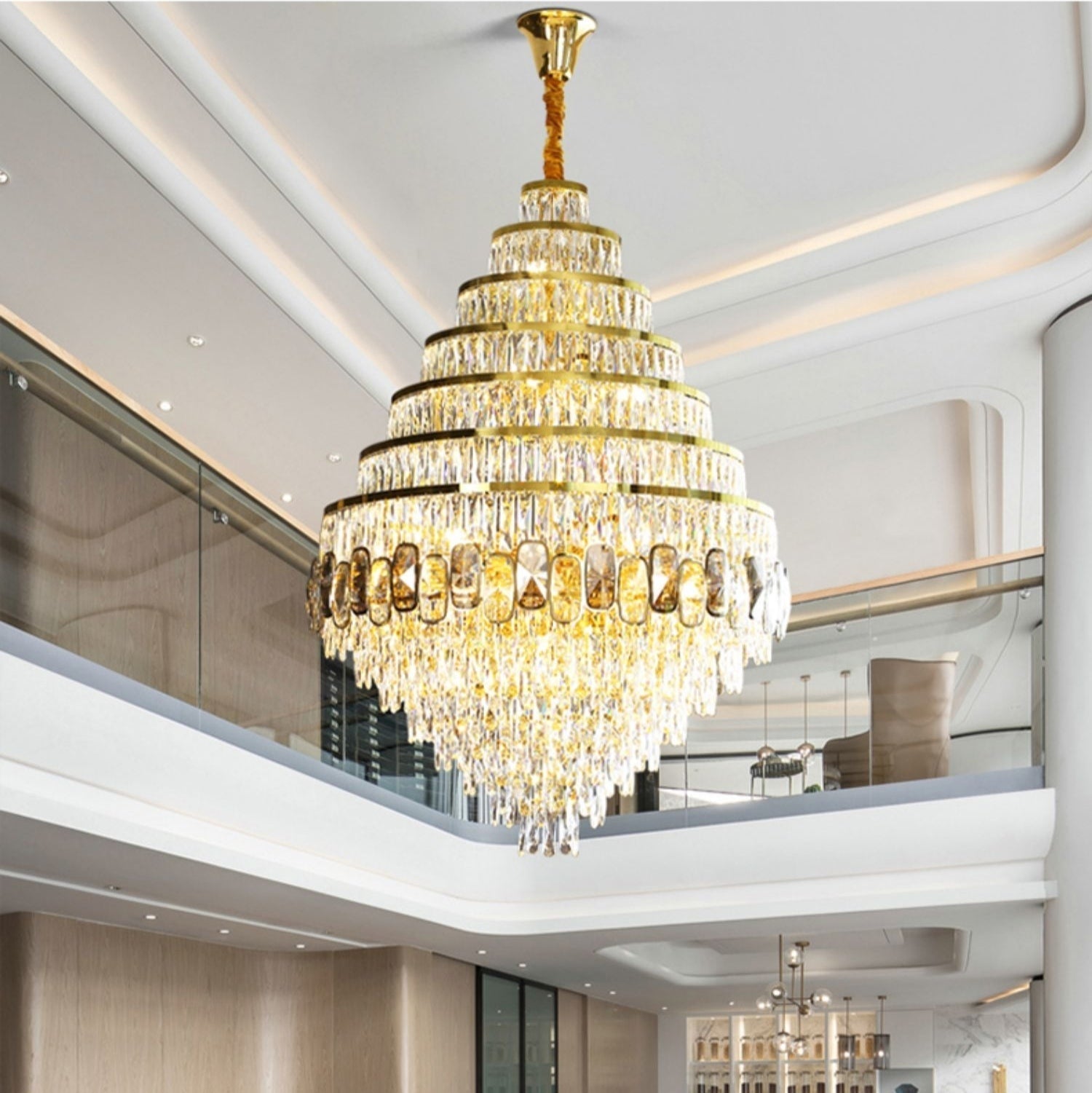 Honeycomb Shaped Ceiling Chandelier Extra Large Crystal Light Fixture For Foyer Staircase/ Entryway In Gold Finish - fovolighting