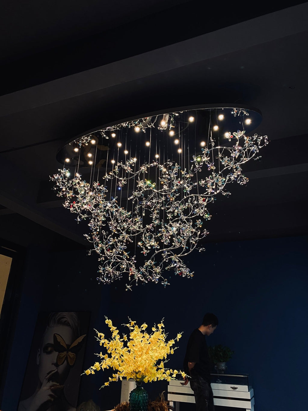 Hotel Entrance Crystal Flower Branch Chandelier Luxury Ceiling Lighting Fixture For Foyer Entryway - fovolighting