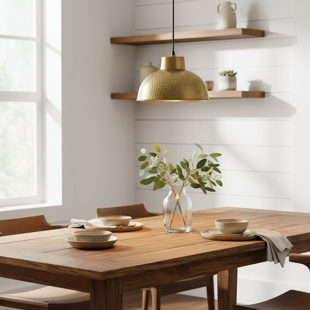 Industrial Pendant Light with Hammered Brass Shade and Adjustable Hanging Length - fovolighting