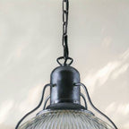 Industrial Pendant Light with Ribbed Glass Shade and Black Metal Frame - fovolighting