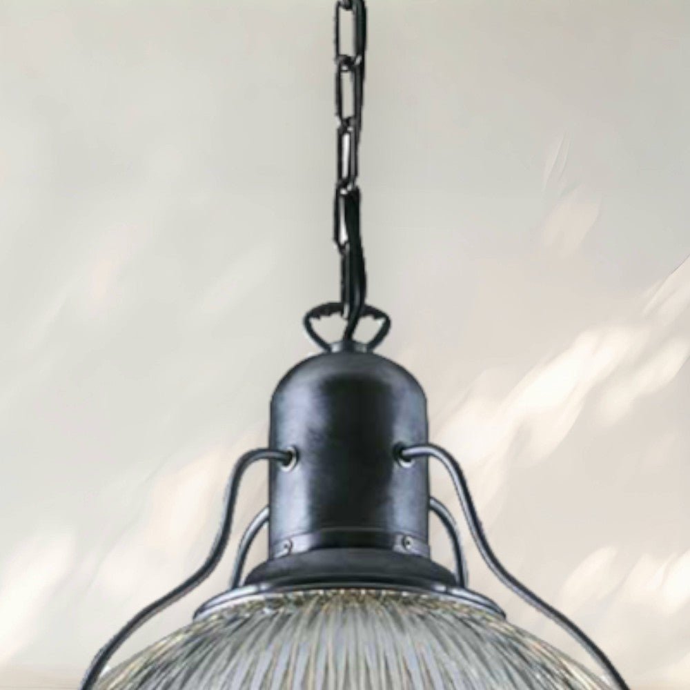 Industrial Pendant Light with Ribbed Glass Shade and Black Metal Frame - fovolighting