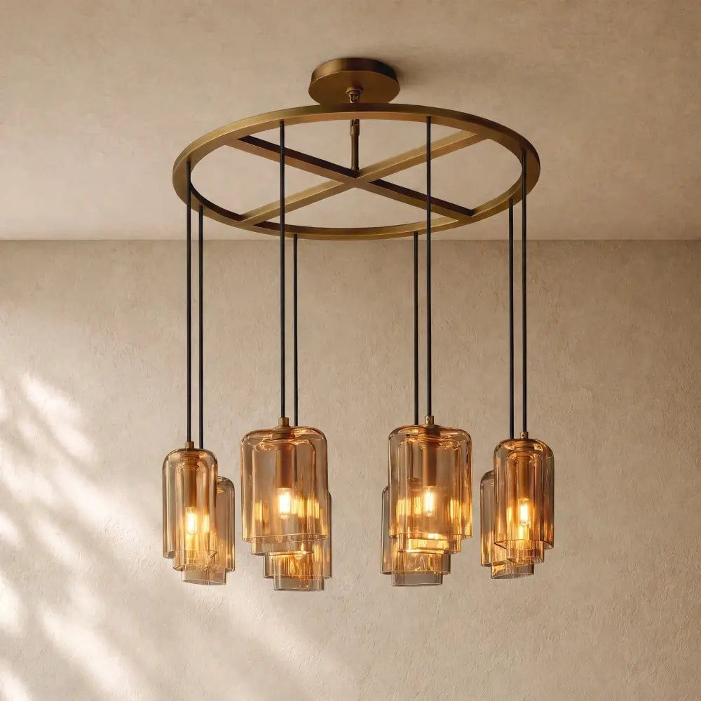 LACOURT GLASS ROUND CHANDELIER - Lacquered Burnished Brass / 36’’ / Amber