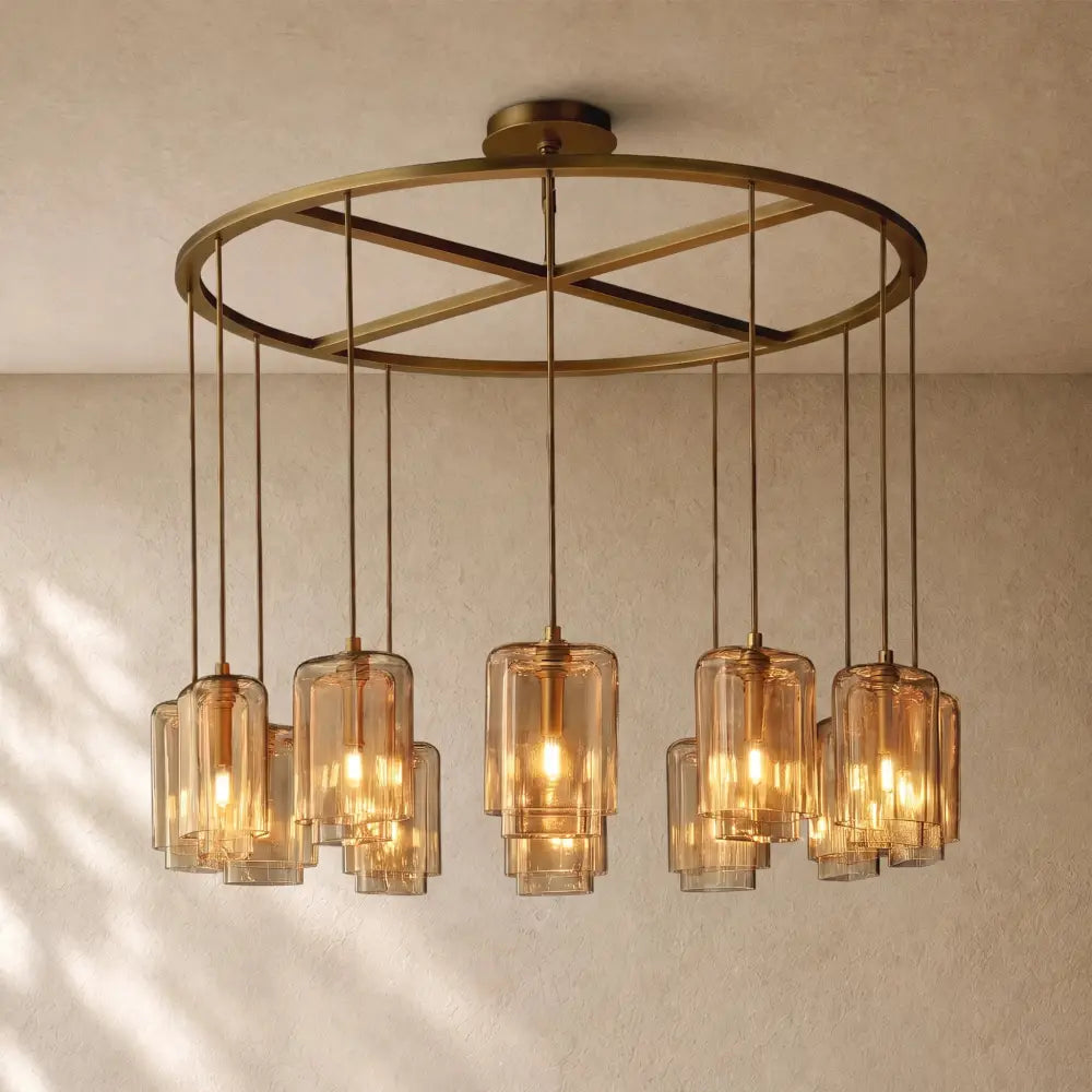LACOURT GLASS ROUND CHANDELIER - Lacquered Burnished Brass / 48’’ / Amber