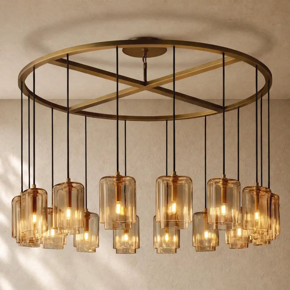 LACOURT GLASS ROUND CHANDELIER - Lacquered Burnished Brass / 60’’ / Amber
