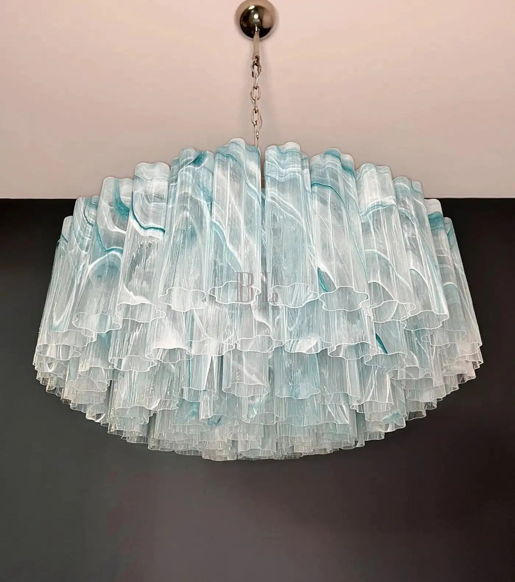 Large Murano glass Chandelier - 101 blue alabaster glass tube - fovolighting