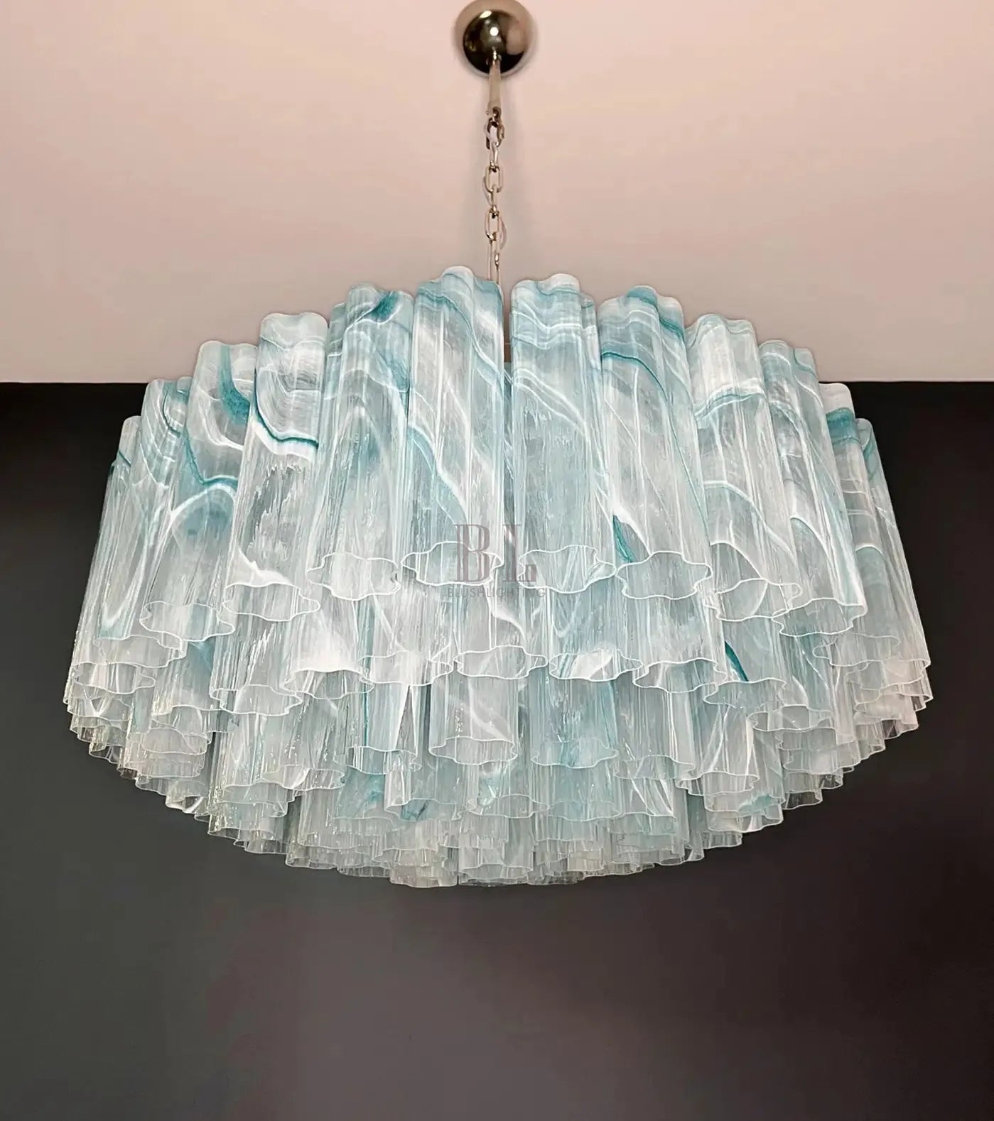 Large Murano glass Chandelier - 101 blue alabaster glass tube - fovolighting