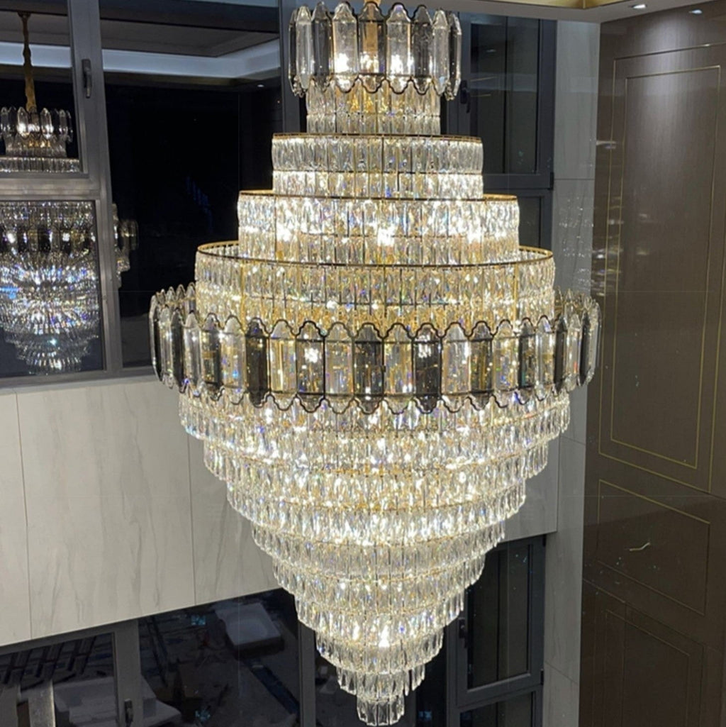 Large Staircase Crystal Chandelier Living Room Ceiling Light Fixture For Hotel Entrance In Gold Finish - fovolighting