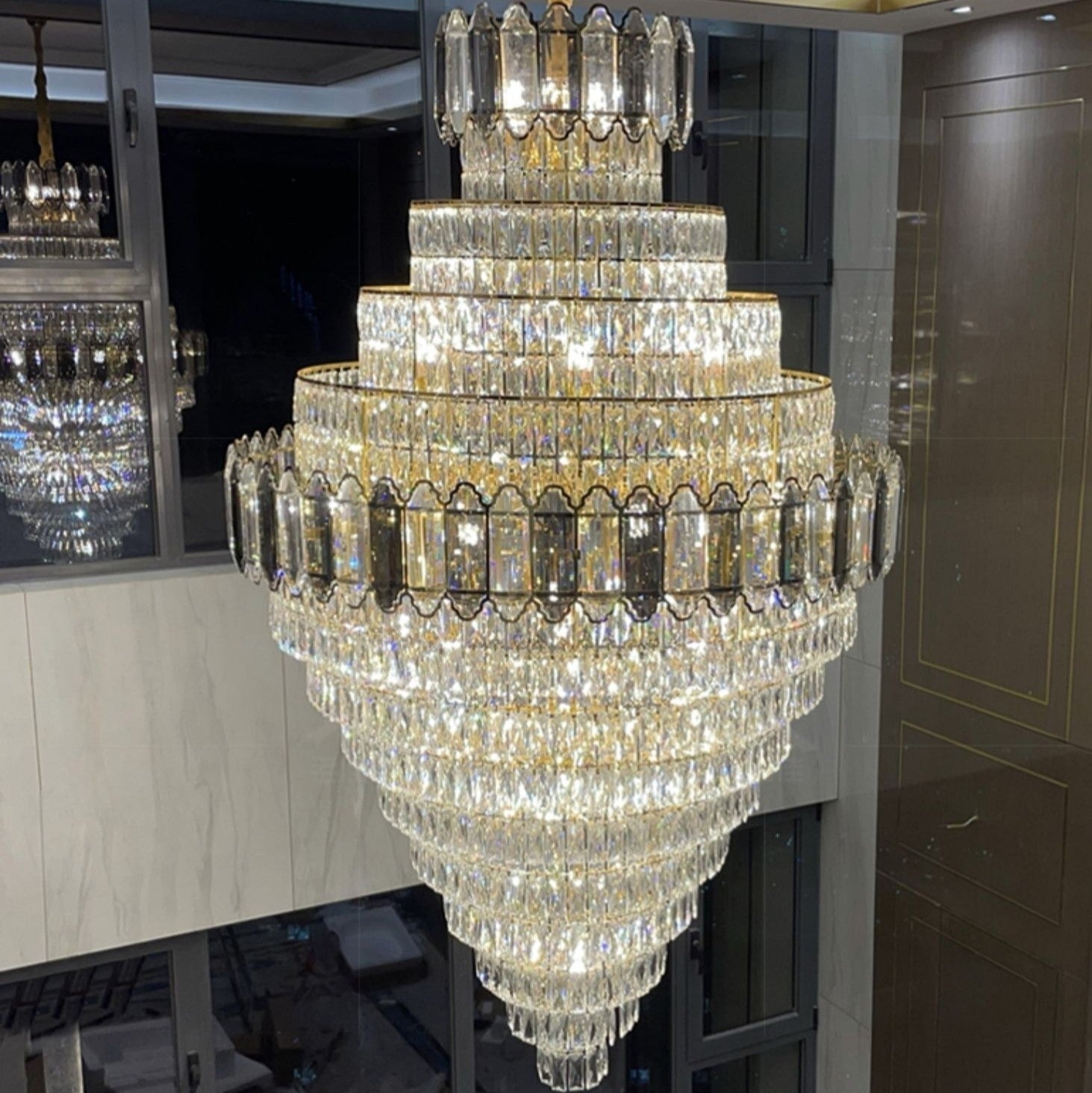Large Staircase Crystal Chandelier Living Room Ceiling Light Fixture For Hotel Entrance In Gold Finish - fovolighting