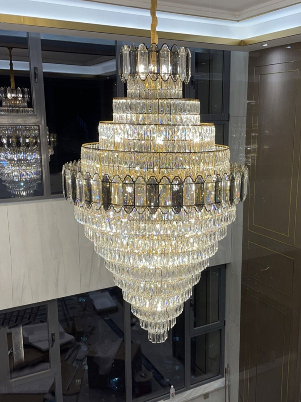 Large Staircase Crystal Chandelier Living Room Ceiling Light Fixture For Hotel Entrance In Gold Finish - fovolighting