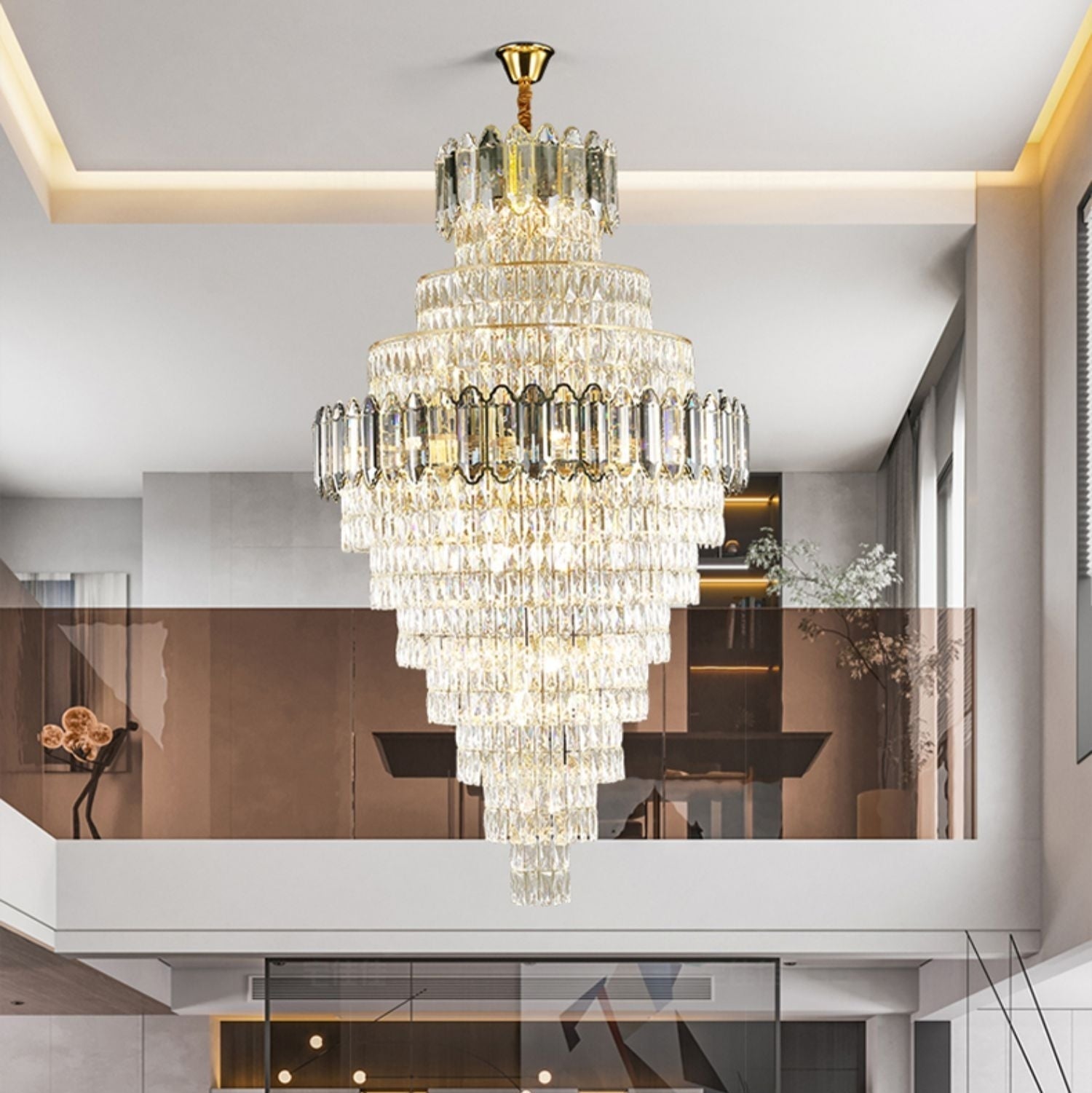 Large Staircase Crystal Chandelier Living Room Ceiling Light Fixture For Hotel Entrance In Gold Finish - fovolighting