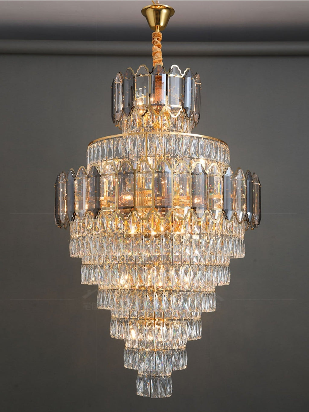 Large Staircase Crystal Chandelier Living Room Ceiling Light Fixture For Hotel Entrance In Gold Finish - fovolighting