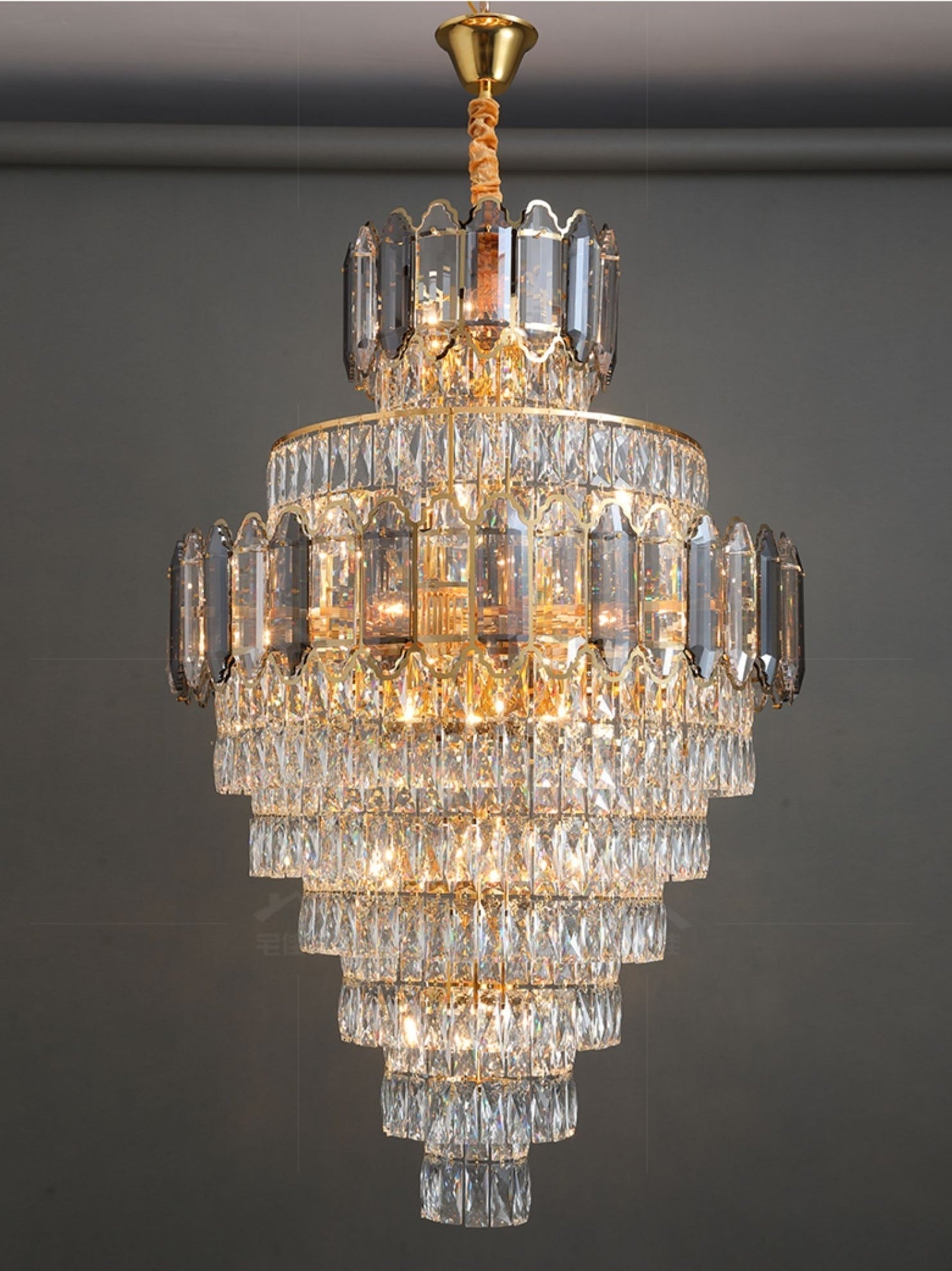 Large Staircase Crystal Chandelier Living Room Ceiling Light Fixture For Hotel Entrance In Gold Finish - fovolighting