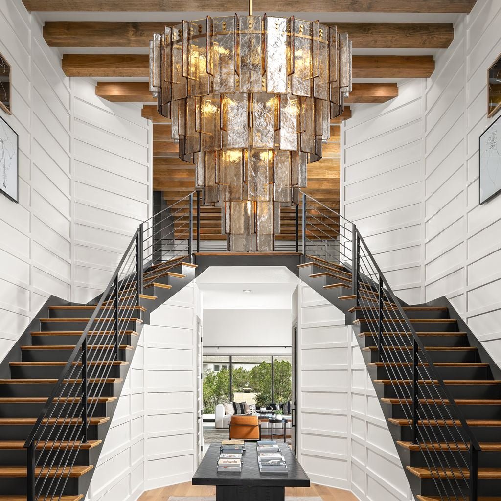Lattica Glass Tiered Gold Chandelier for Foyer, Living Room, Entryway - fovolighting