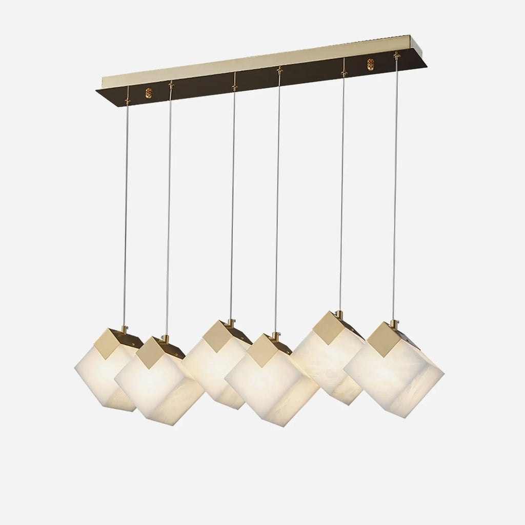 Linear Alabaster Cube Chandelier 6-Light Brass Island Pendant Light