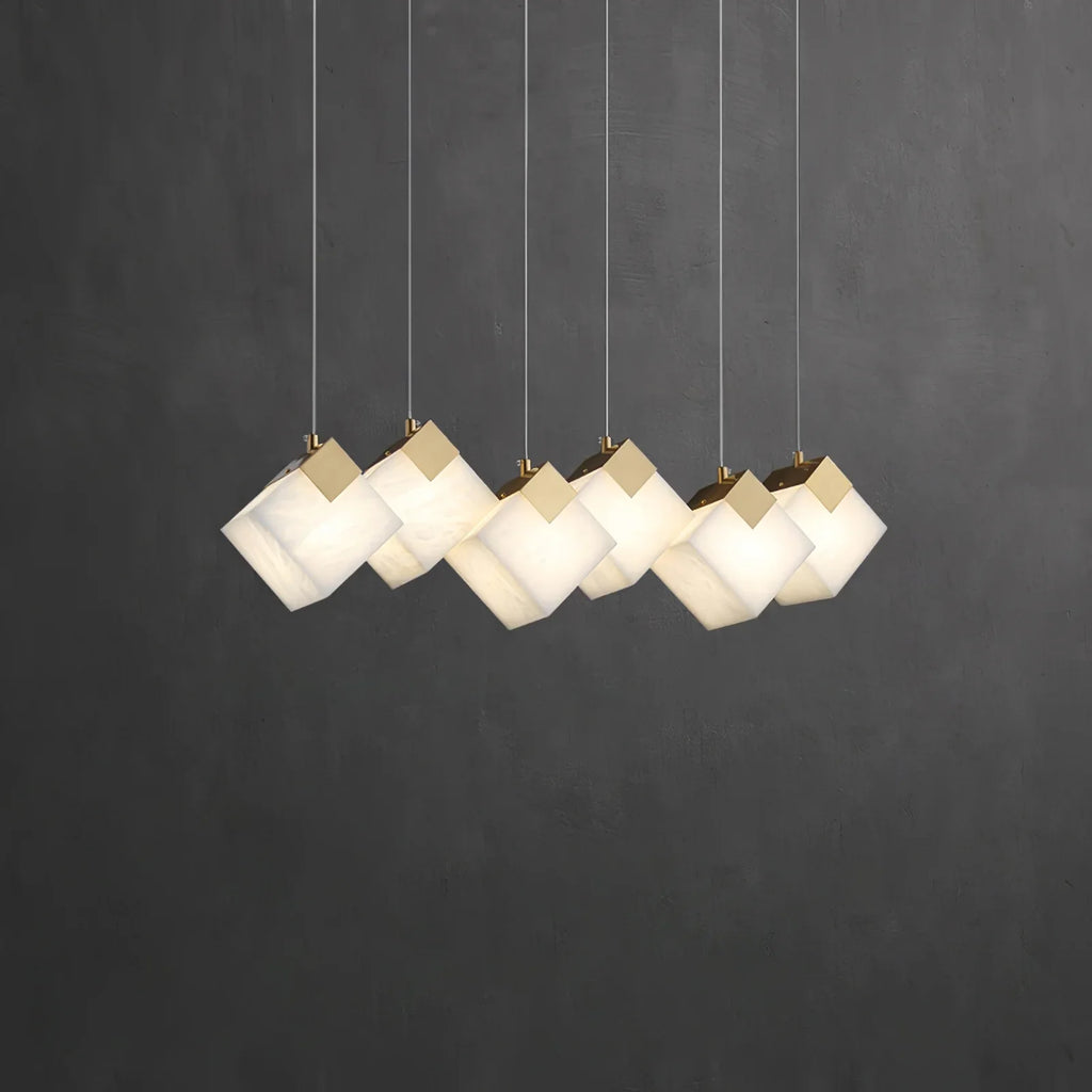 Linear Alabaster Cube Chandelier 6-Light Brass Island Pendant Light