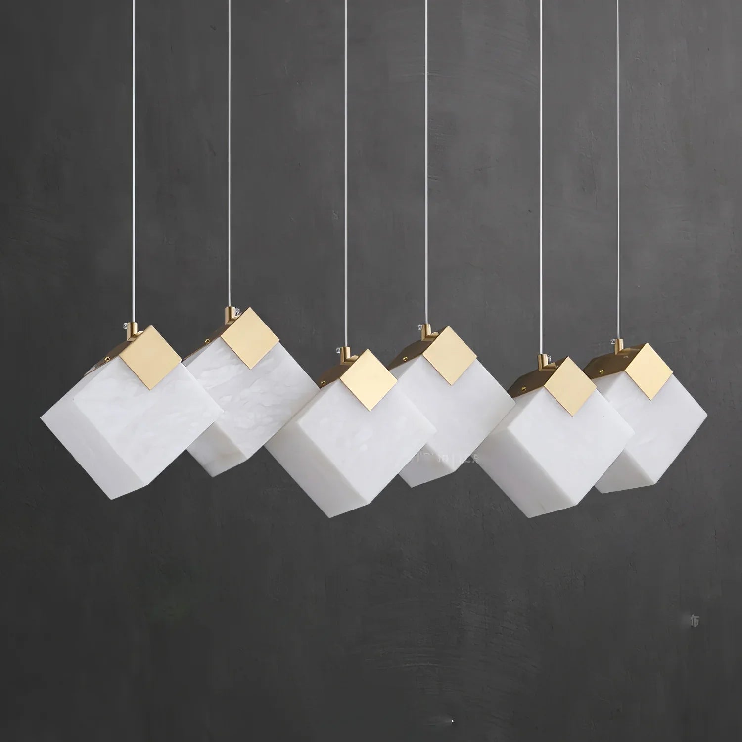 Linear Alabaster Cube Chandelier 6-Light Brass Island Pendant Light