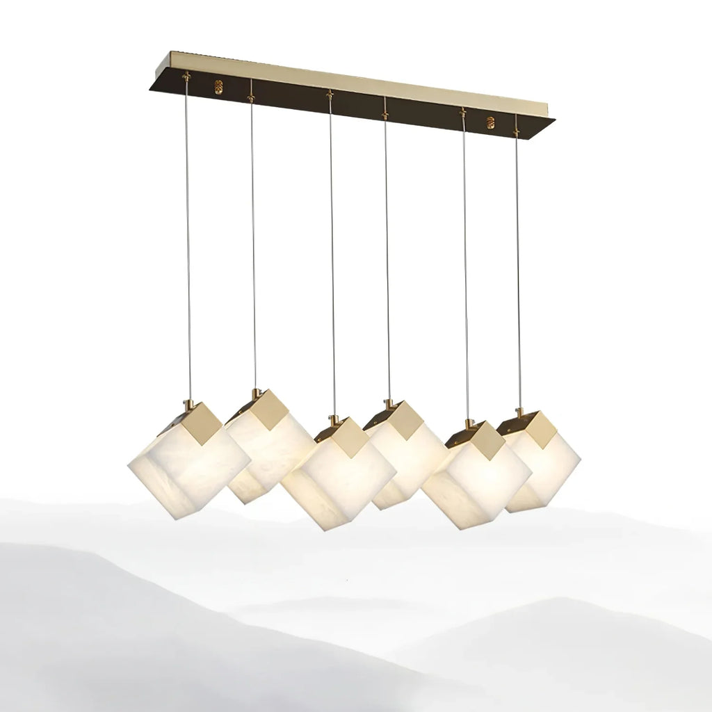 Linear Alabaster Cube Chandelier 6-Light Brass Island Pendant Light