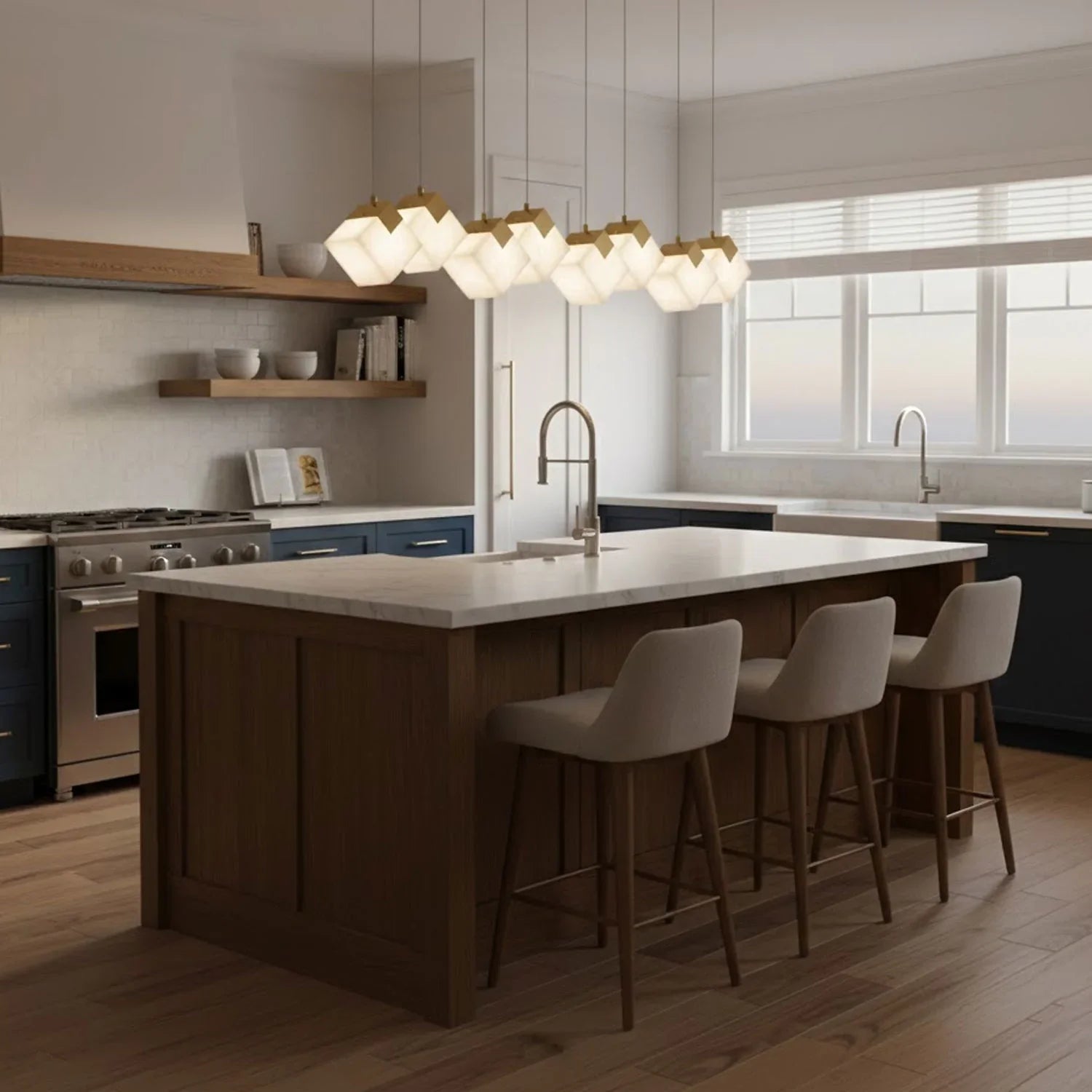Linear Alabaster Cube Chandelier 6-Light Brass Island Pendant Light