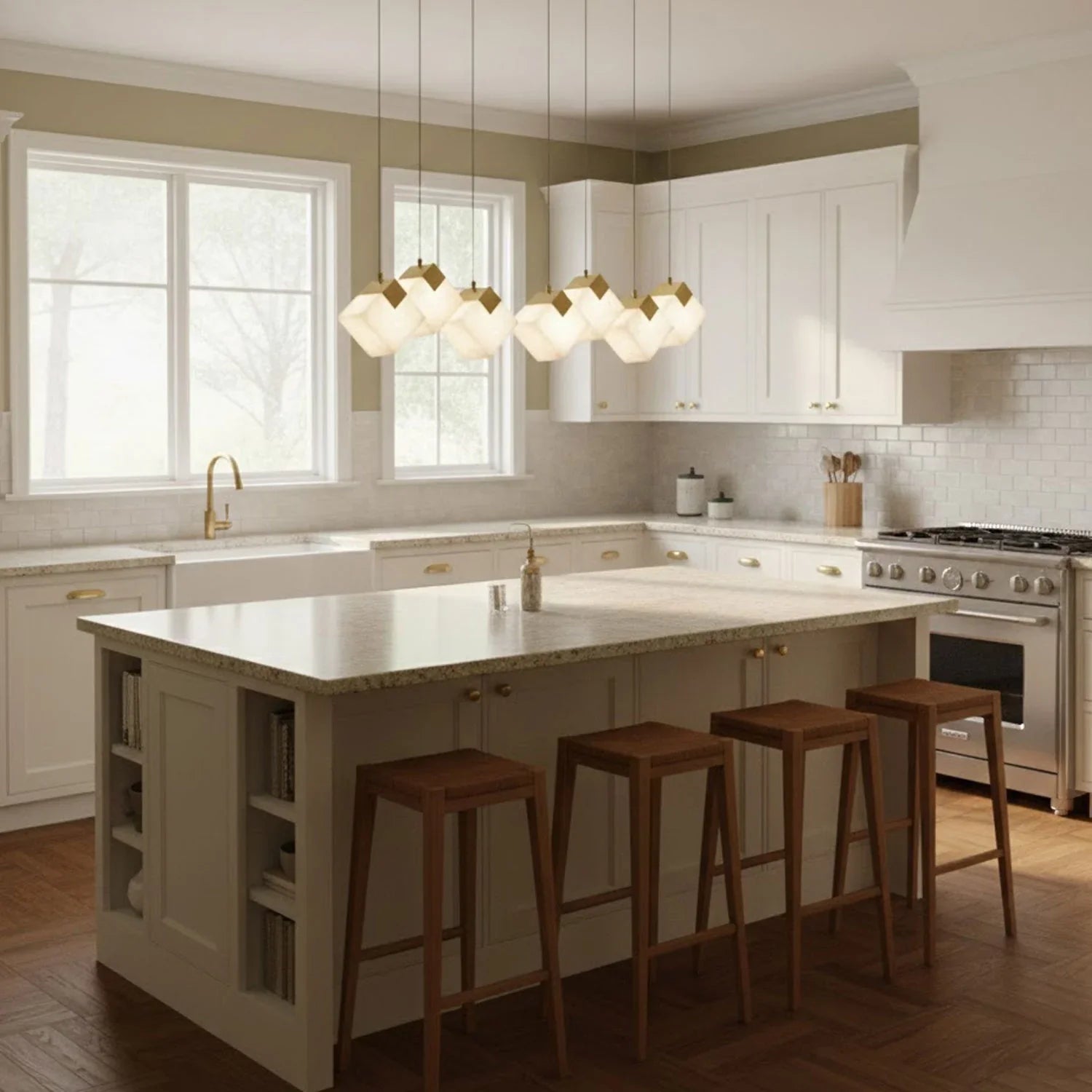Linear Alabaster Cube Chandelier 6-Light Brass Island Pendant Light