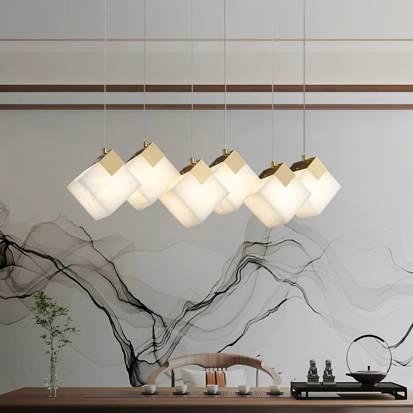 Linear Alabaster Cube Chandelier 6-Light Brass Island Pendant Light