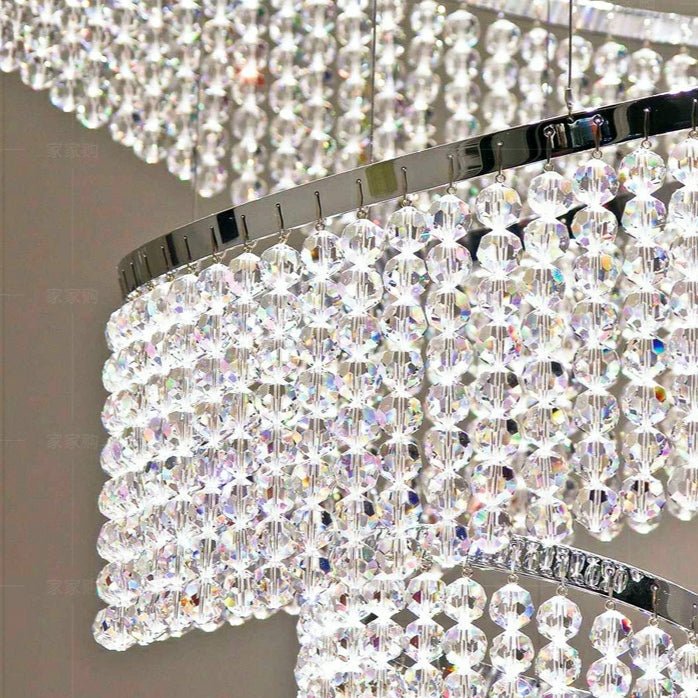 Long Crystal Tassel Rings Chandelier Extra Large Living Room Staircase High Ceiling Lighting Fixture - fovolighting