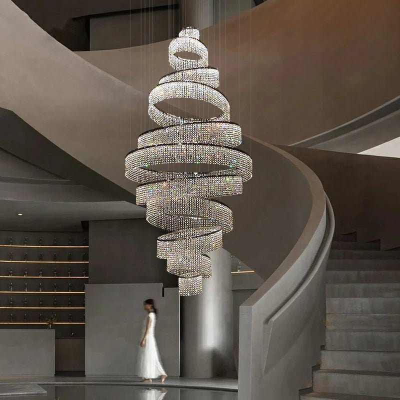 Long Crystal Tassel Rings Chandelier Extra Large Living Room Staircase High Ceiling Lighting Fixture - fovolighting
