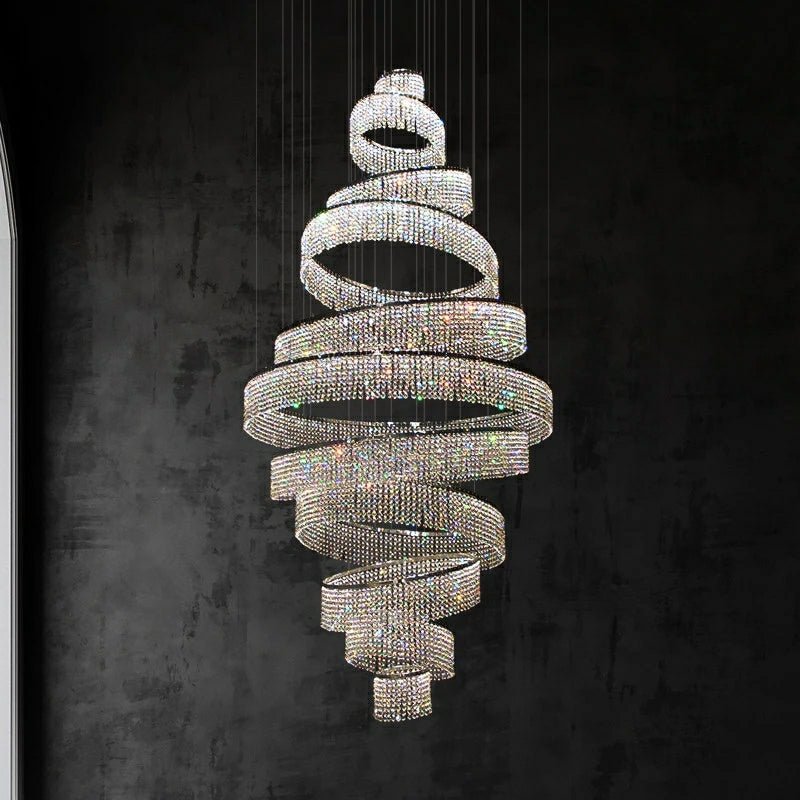 Long Crystal Tassel Rings Chandelier Extra Large Living Room Staircase High Ceiling Lighting Fixture - fovolighting